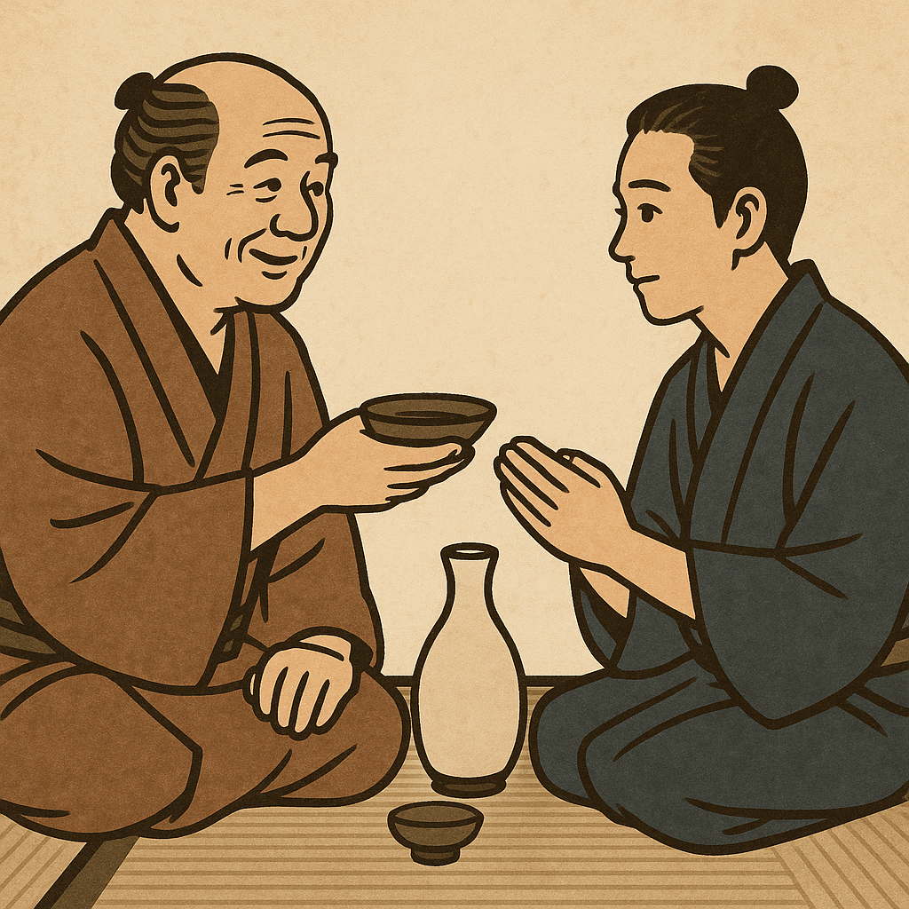 Father and son facing each other with sake cup